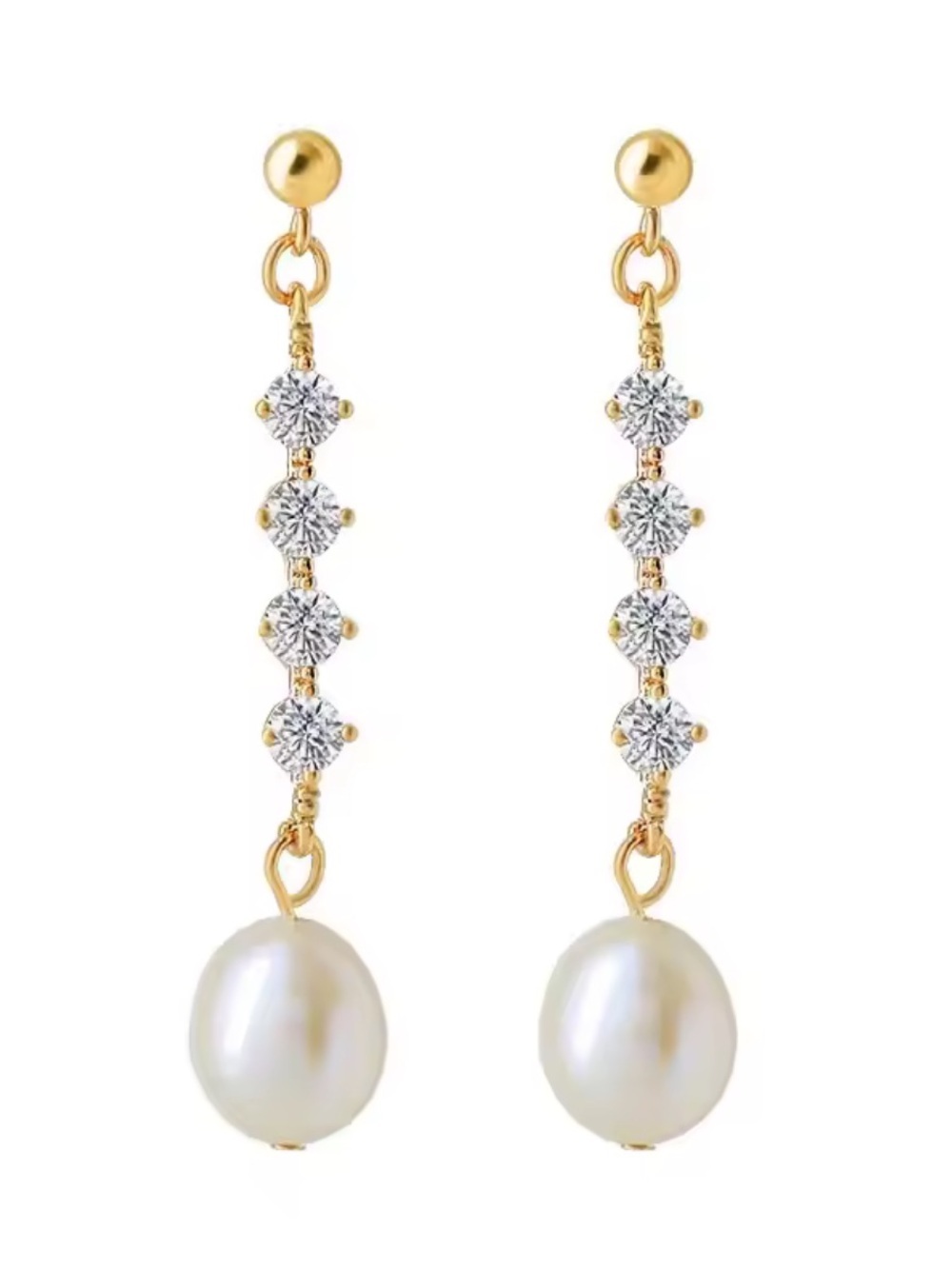 Gold Drop Earrings with White Pearls and Clear Crystals